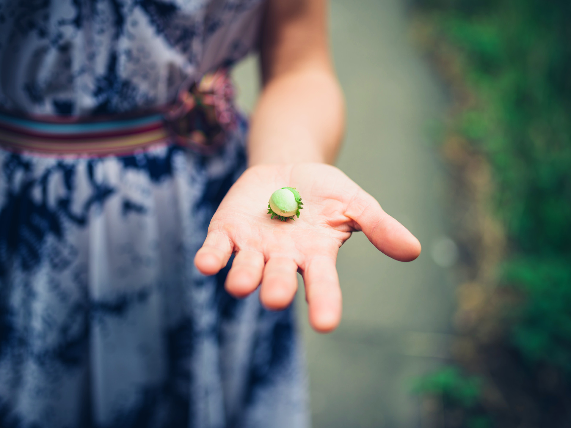 A girl holding a hazelnut in her open palm indicating the famous metaphor of Julian of Norwich in A Revelation of Love